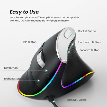 Nulea M504 유선 수직 마우스, USB 광학 인체 공학적 마우스, 4가지 조절 가능한 DPI, 11가지 RGB 백라이트 모드, 노트북, PC, 데스크톱, 맥과 호환, 블랙 - color: B-블랙