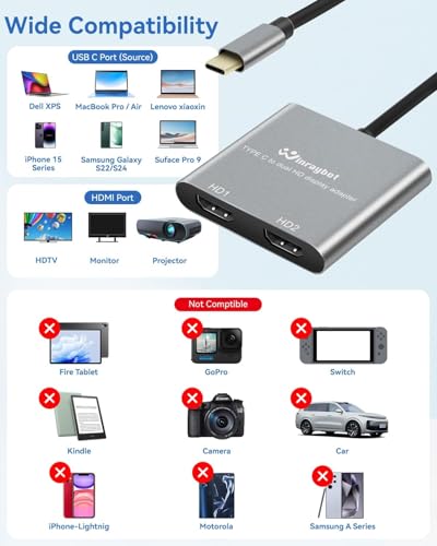 USB C to Dual HDMI Adapter, USB Type-C to 2 HDMI Display Converter, 4K@60Hz/Dual 4K@30Hz for Mac/Lenovo/Dell, Plug and Play Compatible with Windows & Mac OS, Support Thunderbolt 3 & USB-C Laptop - style: USB C to 2 HD