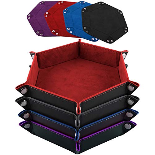 SIQUK 4 Pieces Dice Tray Set Foldable Dice Trays Hexagon Dice Rolling Tray PU Leather Dice Holder for Dice Games Like RPG, DND and Other Table Games (Red, Black, Blue and Violet) - color: Red, Black, Blue and Violet