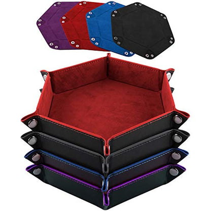 SIQUK 4 Pieces Dice Tray Set Foldable Dice Trays Hexagon Dice Rolling Tray PU Leather Dice Holder for Dice Games Like RPG, DND and Other Table Games (Red, Black, Blue and Violet) - color: Red, Black, Blue and Violet