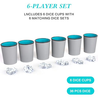 Felt-Lined PU Leather Dice Cup Set, 6 Quiet Dice Shaker Cups with 36 Dices for Bar Party Yahtzee Farkle Dice Games, Grey and Blue - color: Grey and Blue