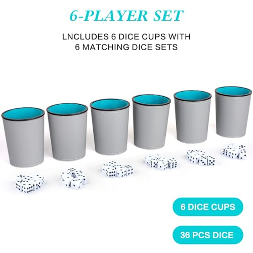 Felt-Lined PU Leather Dice Cup Set, 6 Quiet Dice Shaker Cups with 36 Dices for Bar Party Yahtzee Farkle Dice Games, Grey and Blue - color: Grey and Blue