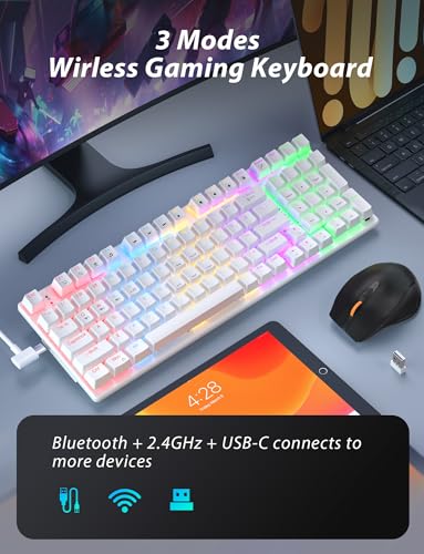 Wireless Mechanical Keyboard and Mouse Combo, 98-Key Gaming Keyboard with RGB Backlit, Tri-Mode BT5.0/2.4G/USB-C, 4000mAh Battery, 3200 DPI Gaming Mouse with Mouse Pad for PC, Laptop, Tablet(White) - color: White-