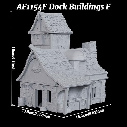 AUSPDICE DND Terrain 25mm 도크 빌딩, 도색되지 않은 항구 보관 풍경 | 던전 앤 드래곤 판타지 워게임용 크레이트 보관 베란다가 있는 1:64 스케일 다층 항구 창고 - AF1154F - color: Af1154f Dock Buildings F