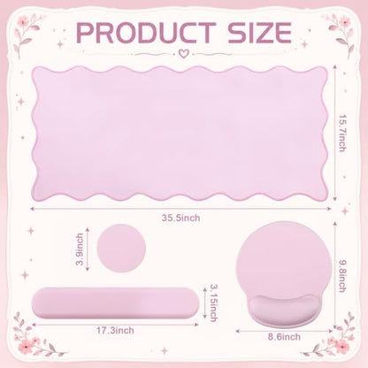 Sabary Scalloped Desk Mat Keyboard Mouse Pad Set 35.5 x 15.7 Inch Pink Preppy Table Mat Keyboard Wrist Rest Cute Aesthetic Mouse Pad with Wrist Rest Coaster Ergonomic Non-Slip Waterproof Gaming Desk - color: Pink, size: 35.5 x 15.7 Inch