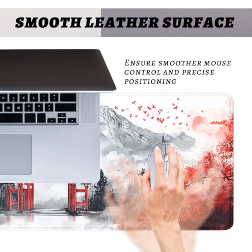 Japanese Gaming Mouse Pad Mountains Cherry Blossoms Watercolor Large Gaming Mouse Mat with Stitched Edges,Non-Slip Waterproof Rubber Base Mous Mat 31.5"x11.8" - color: Japanese, size: 31.5L x 31.5W inches
