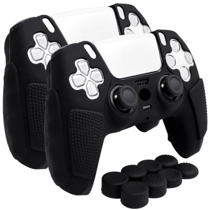 2 Pack Black Anti-Slip PS5 Controller Skin,Soft Thicken Studded Protective Silicone Cover Skin Grips Compatible with PS5/Slim/Pro Controller and 8 PCS Thumb Grips Caps. (2 Pack Black) - color: 2 Pack Black