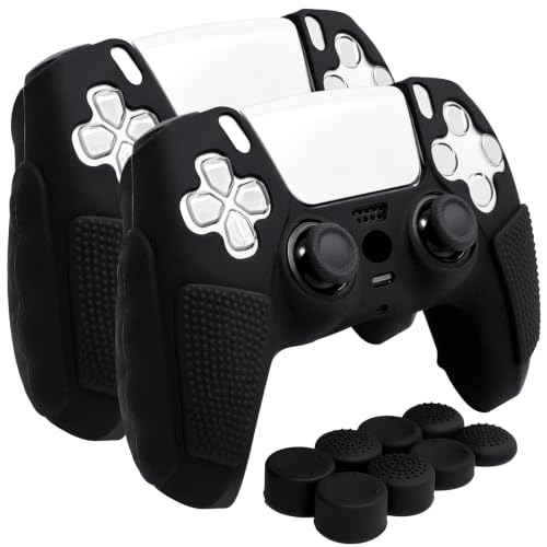 2 Pack Black Anti-Slip PS5 Controller Skin,Soft Thicken Studded Protective Silicone Cover Skin Grips Compatible with PS5/Slim/Pro Controller and 8 PCS Thumb Grips Caps. (2 Pack Black) - color: 2 Pack Black