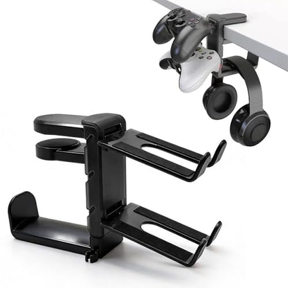 3-in-1 Gaming Headset Stand with Controller Holders Clamp-on Under Desk Rotating Headphone Hanger Adjustable PC Desk Headphone Holder with Cable Organizer - color: black