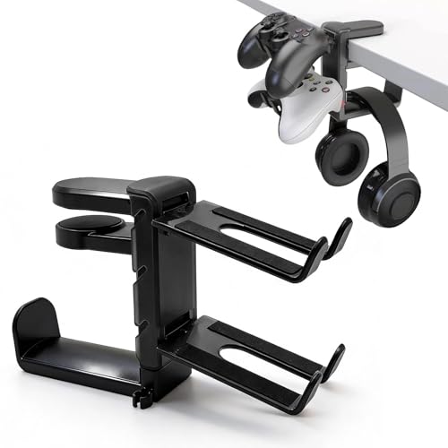 3-in-1 Gaming Headset Stand with Controller Holders Clamp-on Under Desk Rotating Headphone Hanger Adjustable PC Desk Headphone Holder with Cable Organizer - color: black