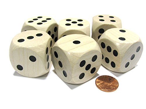 Set of 6 D6 Large Jumbo 30mm Rounded Wood Dice - Wooden with Black Pips