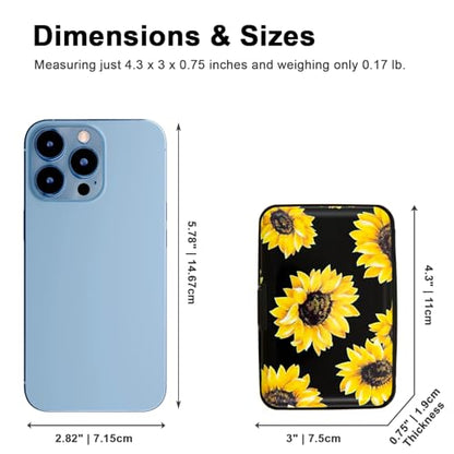 Credit Card Holder, Metal Card Wallet RFID Blocking Mini Slim Aluminum Business Hard Card Case for Women Men (Black Background Sunflowers) - color: Black Background Sunflowers