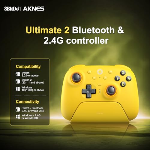 8Bitdo Ultimate 2 Bluetooth Controller for Switch 1/2, Windows PC | TMR Joysticks,Tactile/Hall Triggers,Programmable L4/R4 Bumpers,2 Back Paddle Buttons,RGB Ring,Yellow