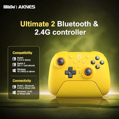 8Bitdo Ultimate 2 Bluetooth Controller for Switch 1/2, Windows PC | TMR Joysticks,Tactile/Hall Triggers,Programmable L4/R4 Bumpers,2 Back Paddle Buttons,RGB Ring,Yellow