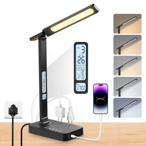 LAOPAO Power Strip with LED Desk Lamp: Table Lamp with Charging Station - 2 Outlets 1 USB-A Ports 1 Type-C Ports, Surge Protection and Led Display, 5ft Extension Cord, 5 Color Modes 5 Brightness - color: Black3