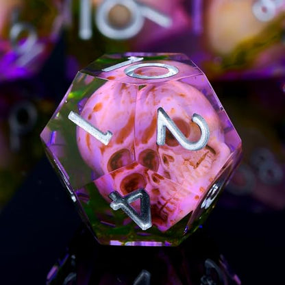 Froggod Purple Moss & Skull DND Dice Set with Gift Box for DND RPG, 7Pcs | Purple resin DND role playing dice with moss skull design and sharp edges for MTG, tabletop games and collectors - color: Purple