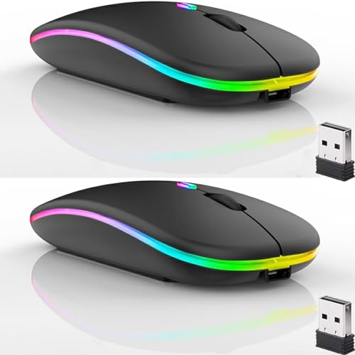 2 Pack Wireless Bluetooth Mouse,LED Dual Mode Rechargeable Silent Slim Laptop Mouse,Portable(BT5.2+USB Receiver) Dual Mode Computer Mice,for Laptop,Desktop Computer,ipad Tablet,Phone,TV (Black) - color: 2 pack black