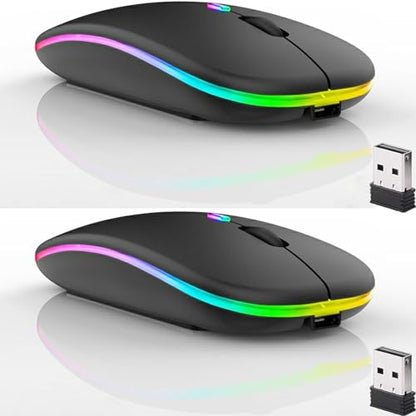 2 Pack Wireless Bluetooth Mouse,LED Dual Mode Rechargeable Silent Slim Laptop Mouse,Portable(BT5.2+USB Receiver) Dual Mode Computer Mice,for Laptop,Desktop Computer,ipad Tablet,Phone,TV (Black) - color: 2 pack black