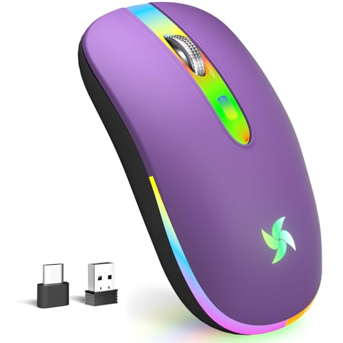 HZD LED Wireless Mouse, Slim Silent Rechargeable Mouse for Laptop, 2.4G Portable USB Optical Mouse with Type C Adapter, 3 Adjustable DPI Levels 1600/1200/800 for Tablet/Computer Purple - color: Purple