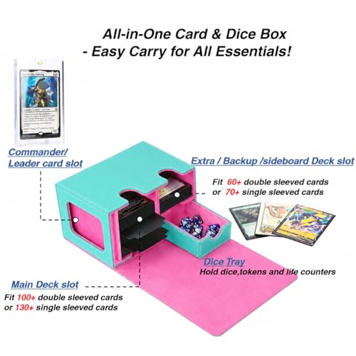 MTG Deck Box for Commander Display with Dice Tray (Teal & Pink) | Holds 200 Single/160 Double-Sleeved Cards, Fit MTG/PTCG/OPTCG Cards, Strong Magnet, With 2 Dividers & 1 Magnetic Card Holder - color: Teal & Pink
