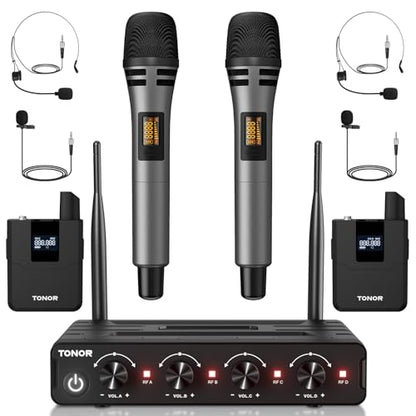 TONOR Wireless Microphone System, 4 * 10-Channel UHF Cordless Handheld Mic Set with Headset/Lavalier Lapel Mics, Bodypack Transmitter, Receiver, 60 m/200ft Range for Karaoke Singing Church PA Speaker - style: 2 Handheld 2 Bodypack Mics