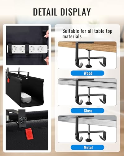 28" No Drill Under Desk Cable Management Tray - Upgraded Oxford Fabric with Cable Loop, No Damage to Table for Standing Desks and Home Office (Regular (28 Inch))
