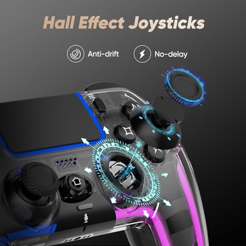 BETMI Wireless Controller for PS5, Pro/Slim/MAC/Steam Deck/PC, Hall Effect Joysticks,Dual Vibration, Marco/Turbo, 3.5mm Audio Jack, 6-Axis Gyro, Mute, Bluetooth LED Gamepad with Speaker(9 Colors Single & Dual-Color LED, L Blue R Pink, Transparent) - color