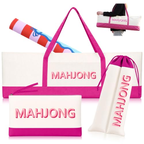 3 Pcs Extra Long Mahjong Bag Set 37 Inch Canvas Carry Tote Bag for Full Set Drawstring Rack Pusher Storage Sleeve Zippered Tile Pouch for Tiles Rack Mat Accessories(Rose Red,Classic) - color: Rose Red