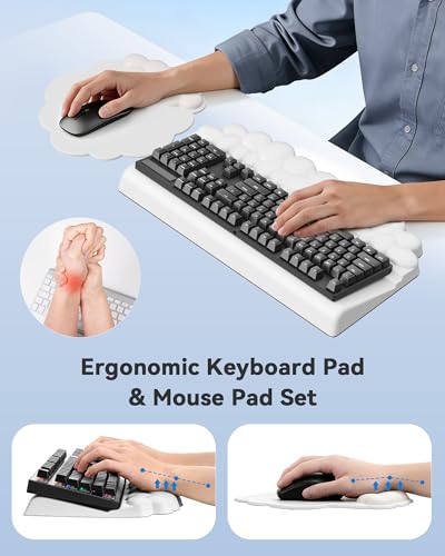 Wrist Rest for Keyboard and Mouse for Desktop, Keyboard Riser and Mouse Pad | PU Leather, Cloud Shaped, Ergonomic Angle Adjustable Arm Rest, Soft Wrist Support, Waterproof - color: White