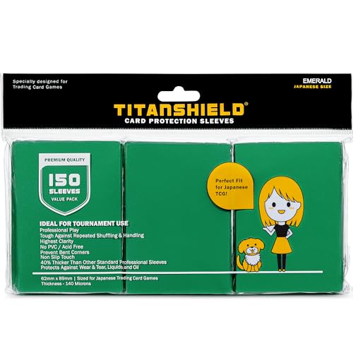 TitanShield (150 Sleeve) Colored Small Japanese Sized Trading Card Sleeves Deck Protector for Yu-Gi-Oh, Cardfight!! Vanguard & More (Emerald) - color: Emerald