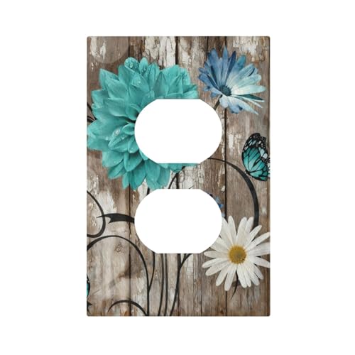 Decorative Outlet Covers Turquoise Daisy Vintage Floral Design on Rustic Wooden 1 Gang Duplex Light Switch Cover Plate Unique Wall Plates Switch Plate Cover for Farmhouse Home Decor - color: Vibrant Floral, size: 1 Gang Duplex