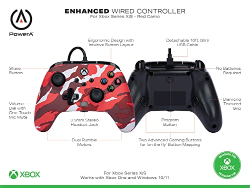 PowerA Enhanced Wired Controller for Xbox Series X|S - Red Camo, gamepad, wired video game controller, gaming controller, works with Xbox One - color: Red Camo