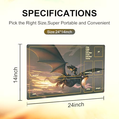 MTG Playmat with Storage Tube & 7-Dice Set - Waterproof TCG Playmat with Stitched Edges, Non-Slip Rubber Card Game Mat (24"x14") (playmat with Zones, 2-Dragon) - color: 2-dragon, style: playmat with zones