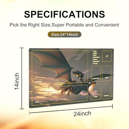 MTG Playmat with Storage Tube & 7-Dice Set - Waterproof TCG Playmat with Stitched Edges, Non-Slip Rubber Card Game Mat (24"x14") (playmat with Zones, 2-Dragon) - color: 2-dragon, style: playmat with zones