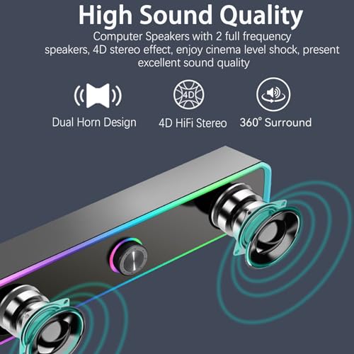 PC Speakers, Computer Speakers for Desktop with LED Dynamic Light, HiFi Stereo Sound Soundbar for Desktop Laptop Monitor, 3.5mm Aux Input & USB Powered