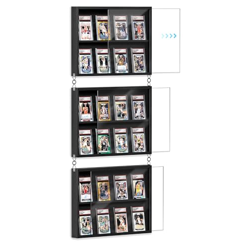 Emfogo Card Display Case, 3 Pack Trading Card Display with Clear View, Wooden Graded Sports Card Display Case Wall Mounted, Baseball Card Display Frame for Trading Card Collection (3 Pack-Black) - size: 2-Layer 3 Pack