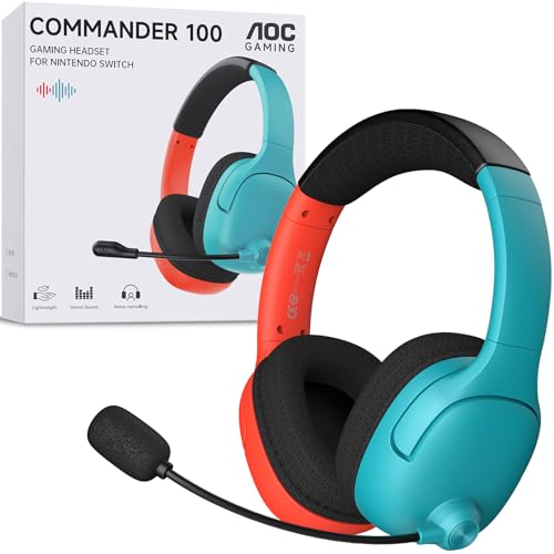 AOC Wireless Gaming Headset for Nintendo Switch 2, Noise Cancelling Mic | Compatible with OLED/Lite, 3.5mm Stereo, Lightweight On-Ear for PS5, PC and Fortnite, Red/Blue