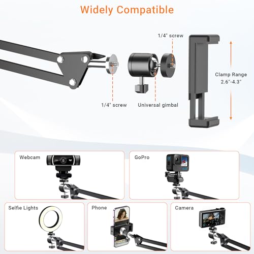 Tall Overhead Camera Mount, High Desk Phone Tripod Mount for Video Recording, Content Creator Essential Compatible with iPhone Compact Cam for Live/YouTube/TikTok