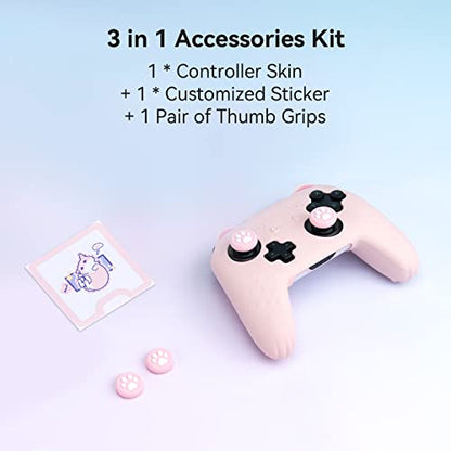GeekShare Cat Paw Controller Skin Grips Set - Switch Pro Compatible - Anti-Slip Silicone Protective Cover Case - Joystick Caps - Pink