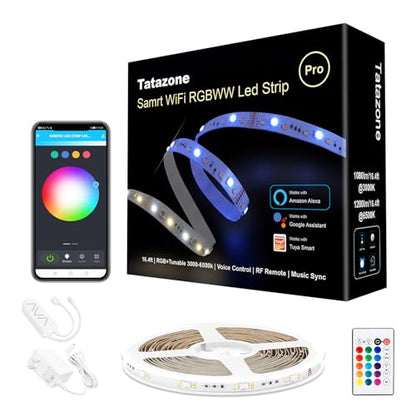 Tatazone RGBWW Smart Led Strip Lights, 16.4ft Tunable White 3000K to 6500K+RGB WiFi Led Light Strip Work with Alexa and Google, Color Changing Music Sync Indoor Rope Lights for Bedroom, TV, Cabinet - style: WiFi-16.4ft-Alexa and Google