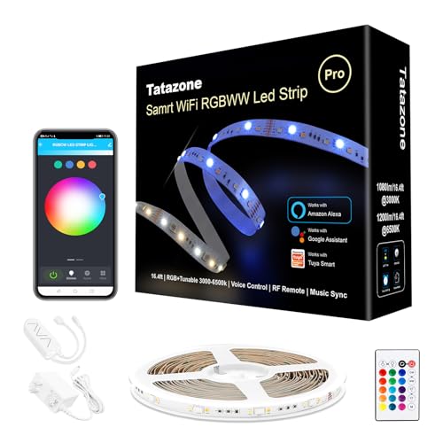 Tatazone RGBWW Smart Led Strip Lights, 16.4ft Tunable White 3000K to 6500K+RGB WiFi Led Light Strip Work with Alexa and Google, Color Changing Music Sync Indoor Rope Lights for Bedroom, TV, Cabinet - style: WiFi-16.4ft-Alexa and Google