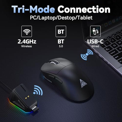 SOLAKAKA SM822 Wireless Gaming Mouse with Charging Dock, Tri-Mode Wireless Mouse, PAW3311 Optical Sensor, Up to 24,000DPI, 62g Lightweight Mouse with 5 programmable Buttons, for PC, Laptop (Black) - color: Black