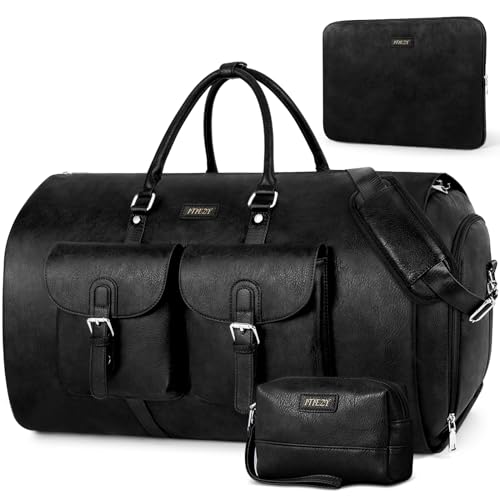 Garment Bag for Travel Convertible Carry on Travel Duffel Bag for Men Women | 3PCS Large Weekender Bag with Waterproof Shoes Pouch 2 in 1 Hanging Clothes Suit Dress Bag Travel Garment Duffel Bag 56L - color: A3-Black-Faux Leather