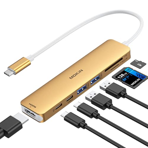 USB C Hub HDMI Adapter for MacBook Pro/Air, MOKiN 7 in 1 USB C Dongle with HDMI, SD/TF Card Reader, USB C Data Port,100W PD, and 2 USB 3.0 Compatible for MacBook Pro/Air, Dell XPS, Lenovo Thinkpad. - color: gold