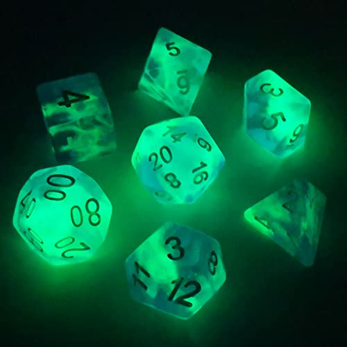 Bescon Super Glow in the Dark Nebula Glitter Polyhedral Dice Set Northern Light, Luminous RPG Dice Set,Glowing Novelty DND Game Dice Set, Novelty DND Game Dice d4 d6 d8 d10 d12 d20 d% in Brick Box - color: Northern Light