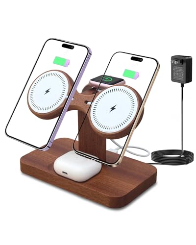 Wood Dual Phone Charging Station Compatible with Magsafe Charger Stand Magnetic Wireless Charger for iPhone 17 16 15 14 13 12 Series iWatch AirPods Wireless Charging Station for Apple Devices - color: Without Apple Watch Charger