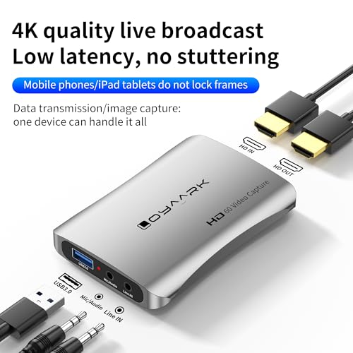 USB 3.0 Audio Video Capture Card with Microphone 4K60HZ HD Loop Output, 2K30fbs 1080p 60fps Video Recorder for Streaming Video Game Capture for Cell Phones/DSLR Cameras / PS5/Switch2 / Xbox/PC