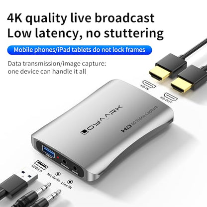 USB 3.0 Audio Video Capture Card with Microphone 4K60HZ HD Loop Output, 2K30fbs 1080p 60fps Video Recorder for Streaming Video Game Capture for Cell Phones/DSLR Cameras / PS5/Switch2 / Xbox/PC