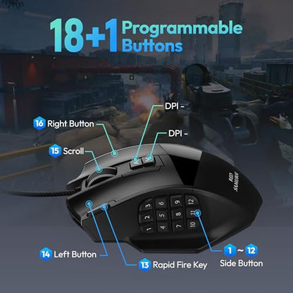 RED SAMURAI Wired MMO Gaming Mouse, 18 Programmable Buttons, 16400 DPI | 18 programmable macro buttons, 16400 DPI optical sensor, adjustable weights, ergonomic stable grip, RGB, MMO MOBA FPS.