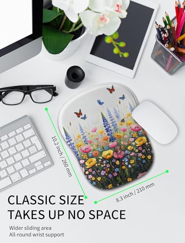 Hokafenle Ergonomic Wrist-Hugging Mouse Pad Wrist Support, U-Shaped Holding Wrist Rest Mousepad for Carpal Tunnel Pain Relief with Cushioned Memory Foam Slope Massage Bulge (10.2x8.3 in,Flowers) - color: Flowers and Butterflies